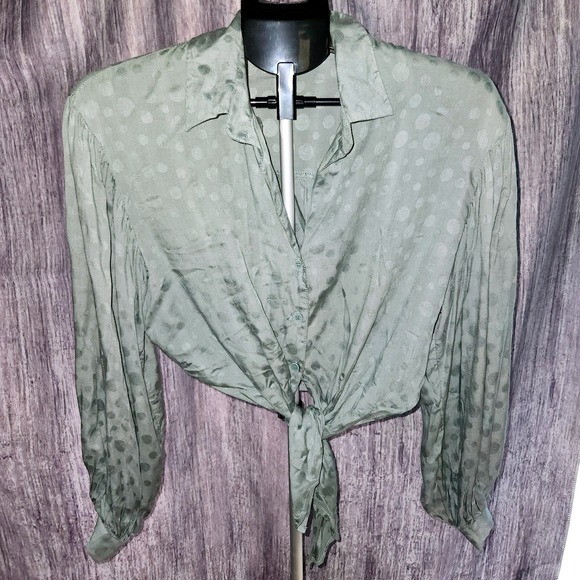 Mustard Seed Tops - Mustard Seed Tie Front Blouse Women's Small Sage Green Polka Dot Long Sleeve